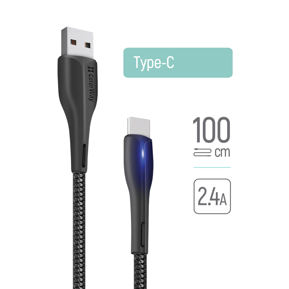 USB to Type-C cable, LED, 2.4A, 1m - ColorWay (CW-C-CBUC034-BK) - Black